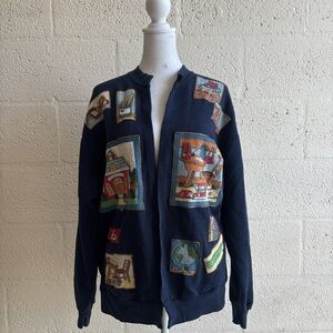 Jerzees Navy Zip-Up Sweater with Patchwork Designs